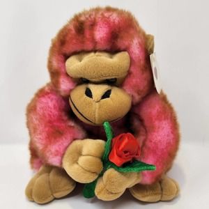 Dandee Pink Orange Gorilla Plush Holding Rose Bud 10" Stuffed Animal Soft Toy